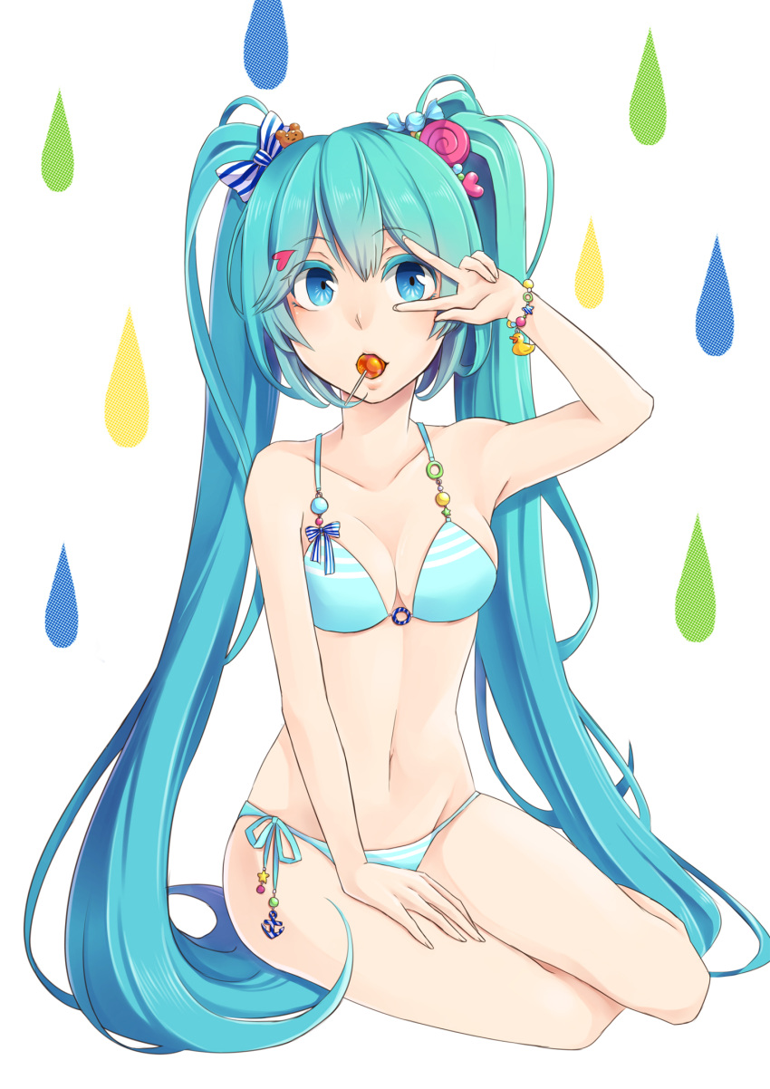 aqua_eyes, aqua_hair, bikini, bird, bracelet, breasts, candy, cleavage