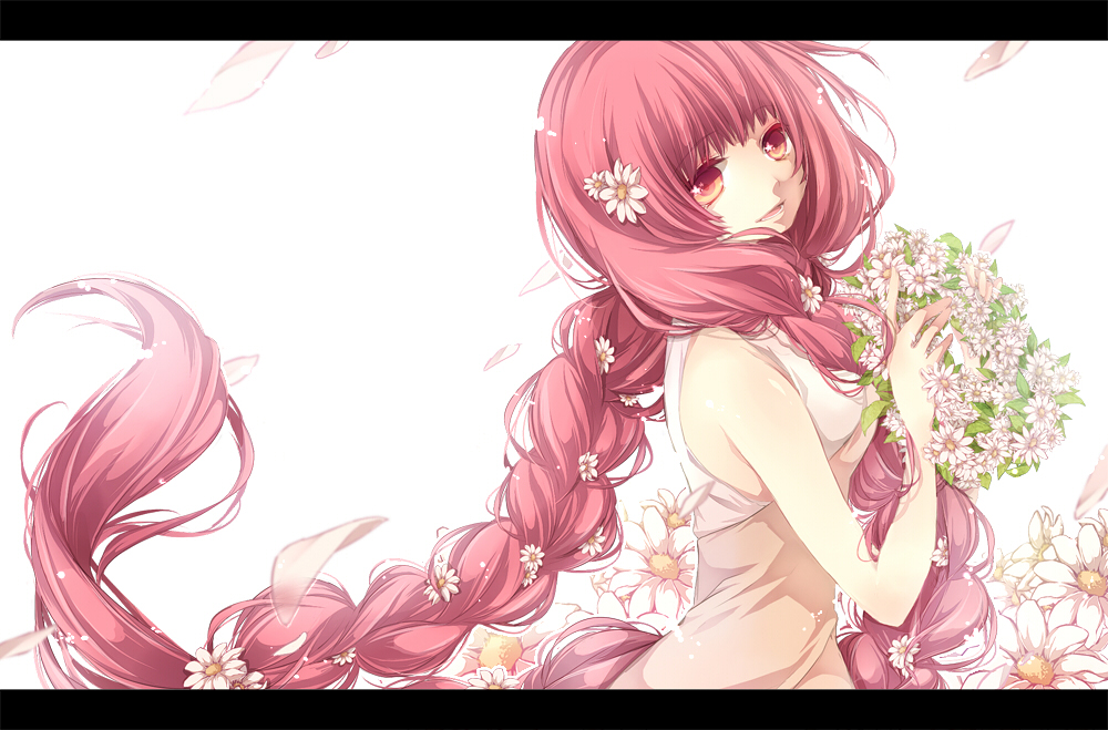 braid, brown_hair, flower, hair_flower, hair_ornament, hoop, koyomi_roentgen, letterboxed, long_hair, original, petals, red_eyes, red_hair, redhead, shirt, solo, twin_braids, very_long_hair