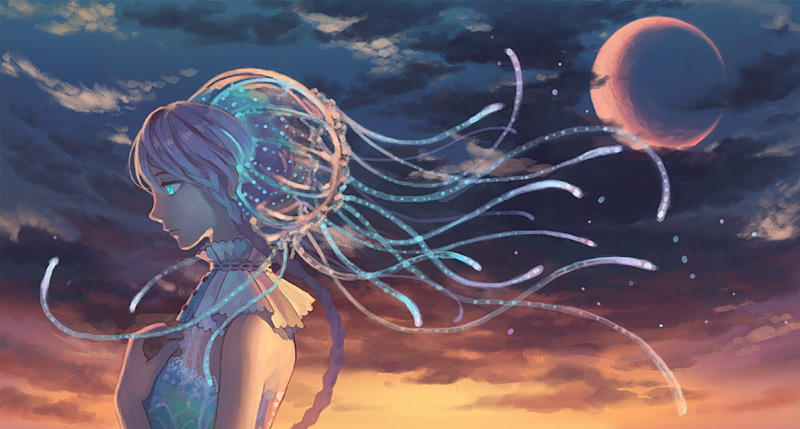blue_eyes, cloud, crescent_moon, glowing, glowing_eyes, hiko_(scape), long_hair, moon