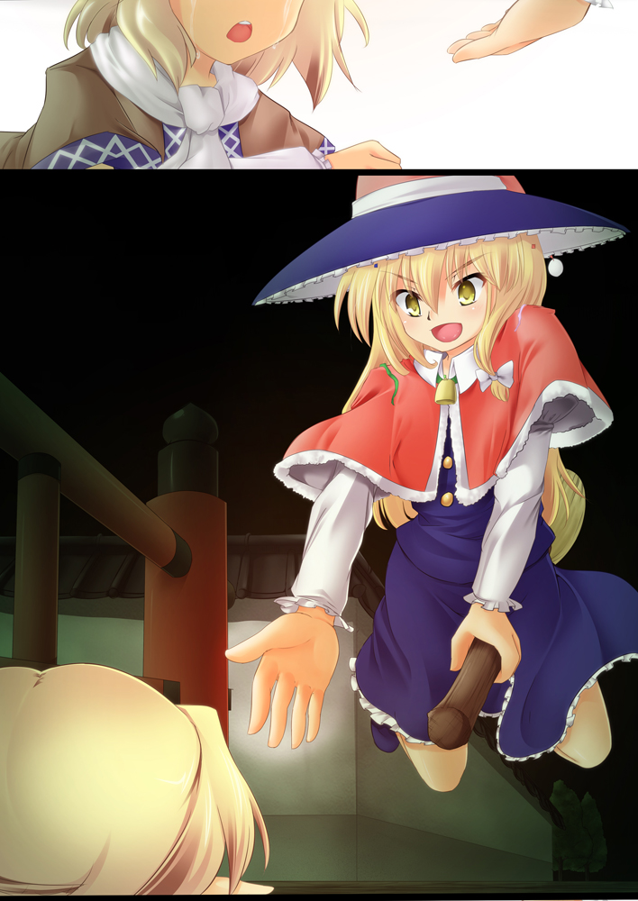 blonde_hair, bridge, broom, building, confetti, gold_hair, hat, k_and_k_(togoku)