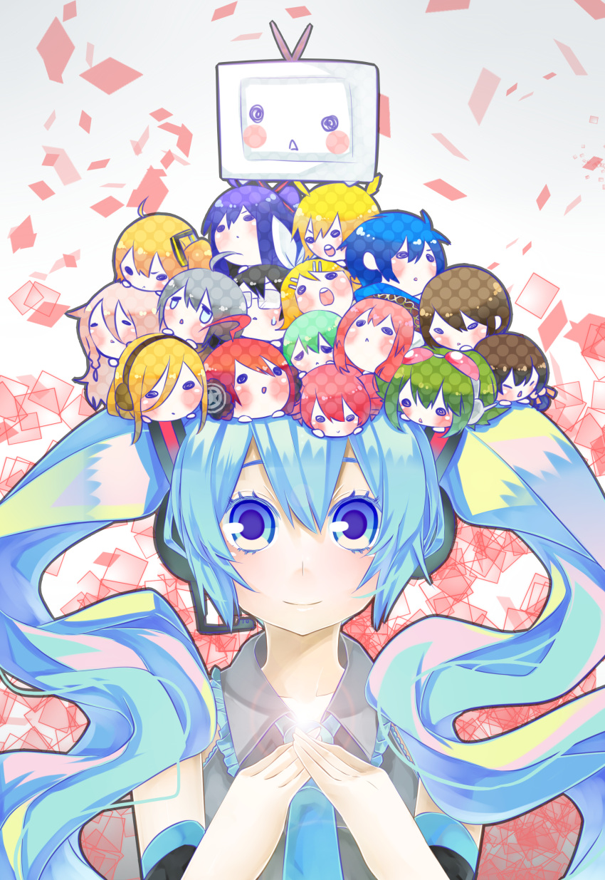 akita_neru, aqua_hair, blue_eyes, chibi, detached_sleeves, earmuffs, gumi, hatsune_miku, headphones, headset, highres, hiyama_kiyoteru, ia_(vocaloid), kaai_yuki, kagamine_len, kagamine_rin, kaito, kamui_gakupo, kasane_teto, lily_(vocaloid), long_hair, looking_at_viewer, megurine_luka, meiko, necktie, nico_nico_douga, pineapple_(a30930s), ryuuto_(vocaloid), sf-a2_miki, smile, tears, television, twintails, utau, very_long_hair, vocaloid, yowane_haku