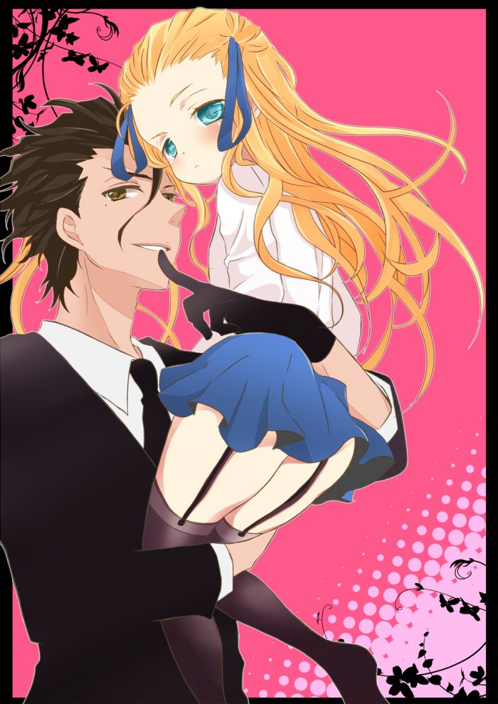 1boy, 1girl, ahoge, biting, black_hair, black_legwear, blonde_hair, blue_eyes