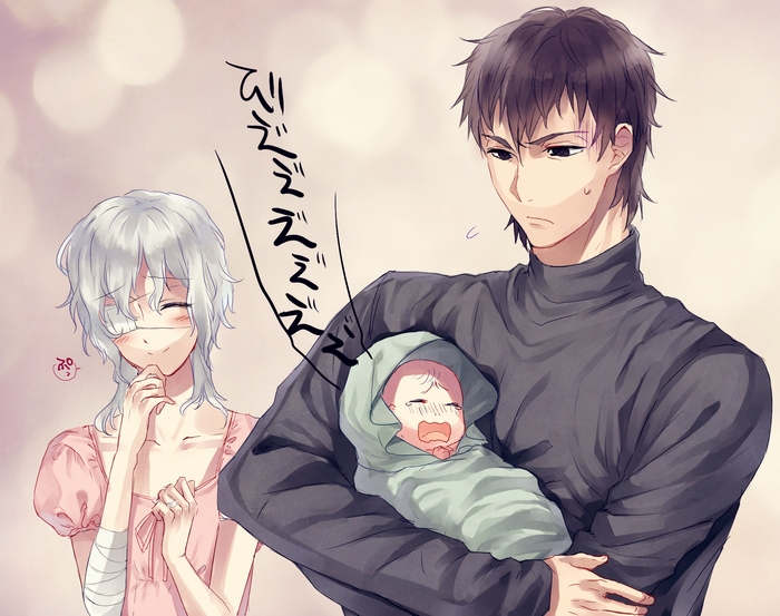 2girls, ^_^, age_difference, alternate_costume, baby, bandage, bandages, blush