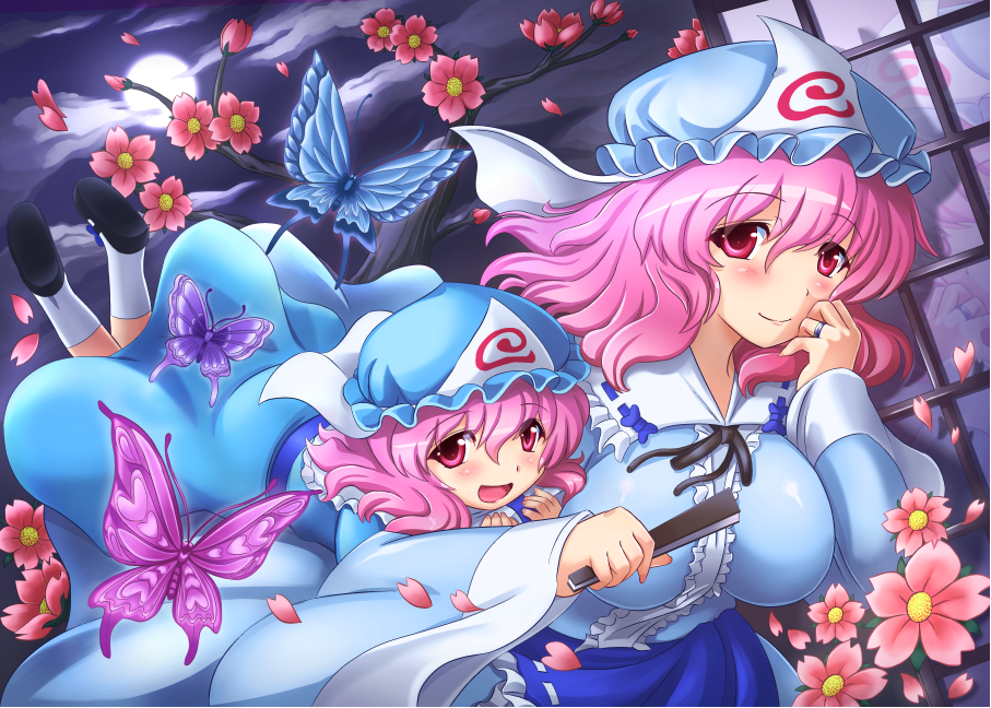 2girls, age_difference, butterfly, child, dual_persona, flower, hat, ko-yuyuko