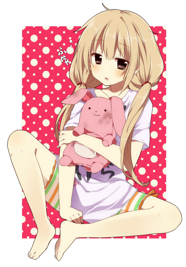 barefoot, blush, clothes_writing, doll_hug, drooling, emyu, fujishiro_emyu, futaba_anzu