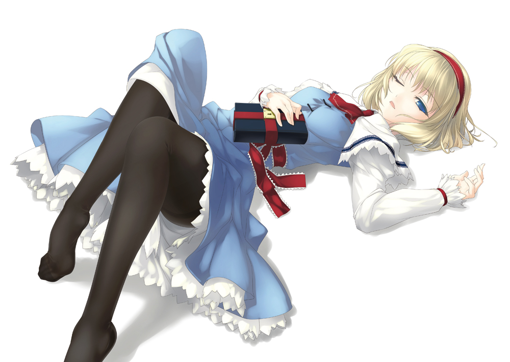 ;(, alice_margatroid, bangs, black_legwear, blonde_hair, blue_dress, blue_eyes, book