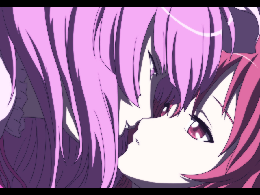 dutch_angle, eye_contact, face, female, hat, incipient_kiss, koakuma, letterboxed, long_hair, multiple_girls, open_mouth, patchouli_knowledge, purple_eyes, purple_hair, red_eyes, red_hair, redhead, rhine, ribbon, the_embodiment_of_scarlet_devil, touhou, violet_eyes, yuri