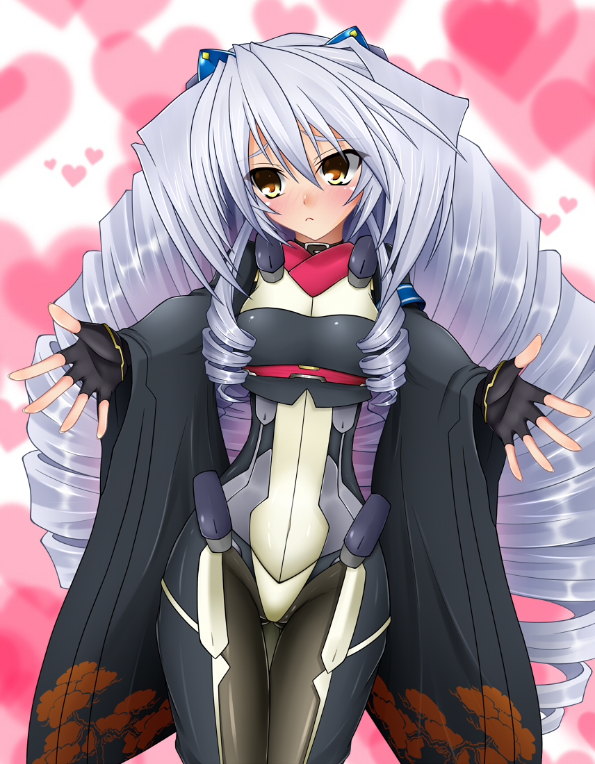 blush, bodysuit, drill_hair, embarrassed, fingerless_gloves, flat_chest, gloves, kyoukai_senjou_no_horizon