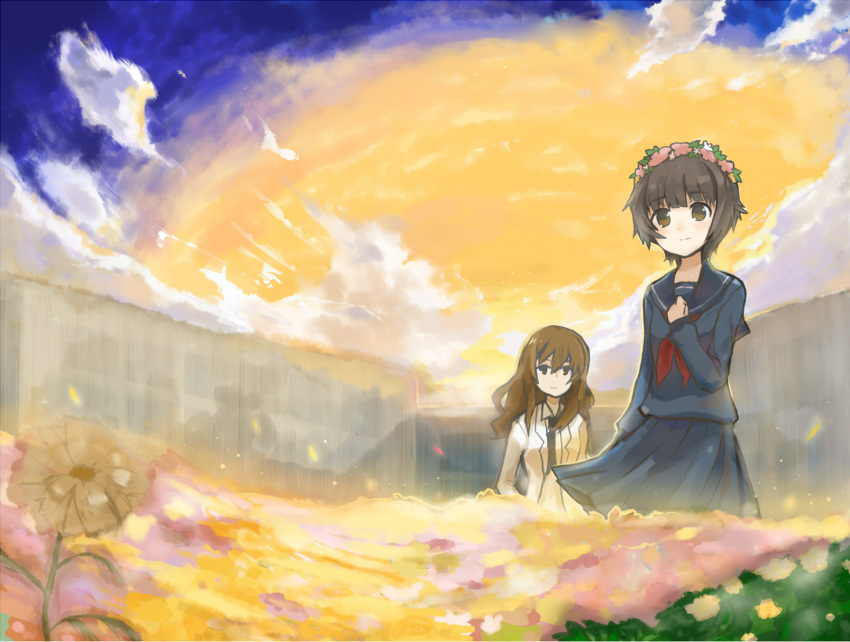 blush, brown_eyes, brown_hair, flower, hand_on_own_chest, head_wreath, highres, jenie, kiyama_harumi, long_hair, multiple_girls, neckerchief, necktie, pleated_skirt, school_uniform, serafuku, short_hair, skirt, smile, to_aru_kagaku_no_railgun, to_aru_majutsu_no_index, uiharu_kazari