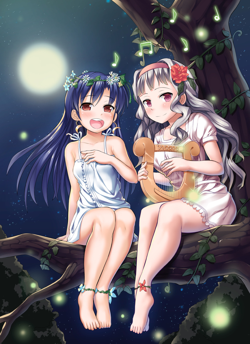 anklet, bare_shoulders, barefoot, blue_hair, blush, brown_eyes, dress, earrings
