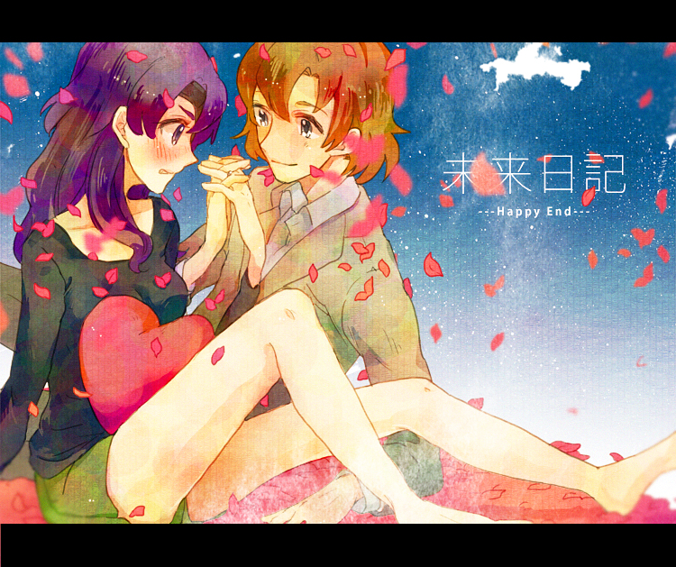1girl, blush, brown_hair, couple, eyepatch, formal, hand_holding, heart