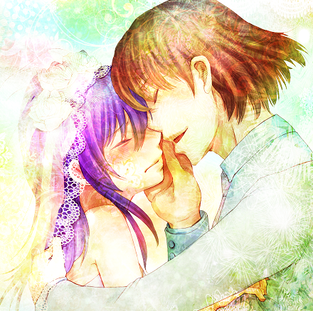 brown_hair, closed_eyes, eyes_closed, flower, fuyuyuki_gatsuhana, fuyuyuki_gekka, incipient_kiss, long_hair, lowres, mirai_nikki, nishijima_masumi, purple_hair, uryuu_minene, veil