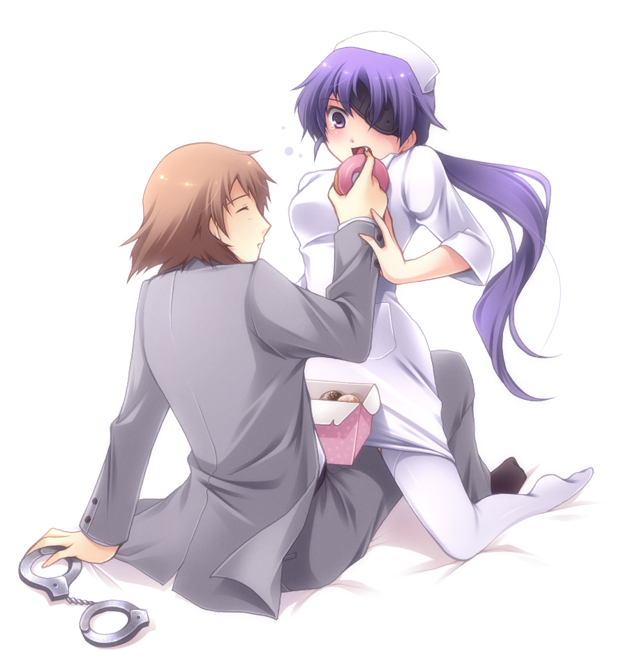 1girl, alternate_costume, box, brown_hair, closed_eyes, couple, cuffs, doughnut