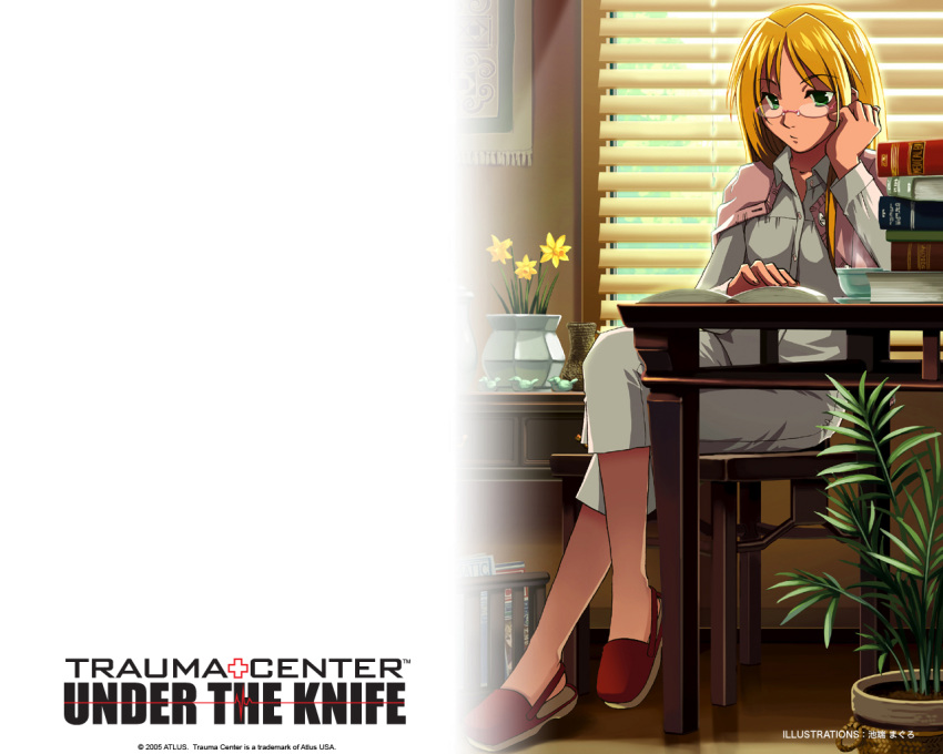 1girl, angie_thompson, blonde_hair, book, copyright_name, dress, flower, glasses