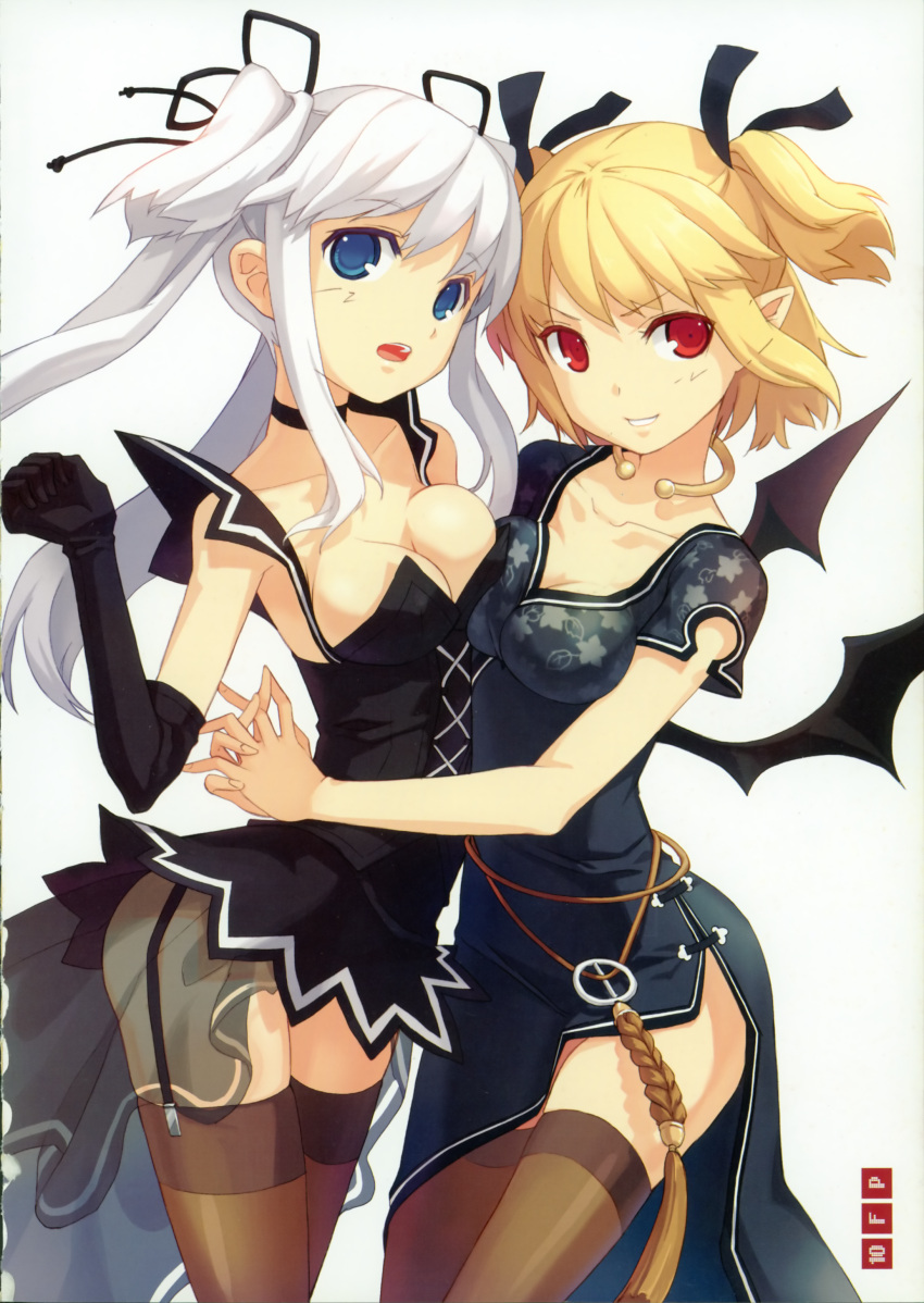 2girls, absurdres, bat_wings, blonde_hair, blue_eyes, breast_press, breasts, china_dress