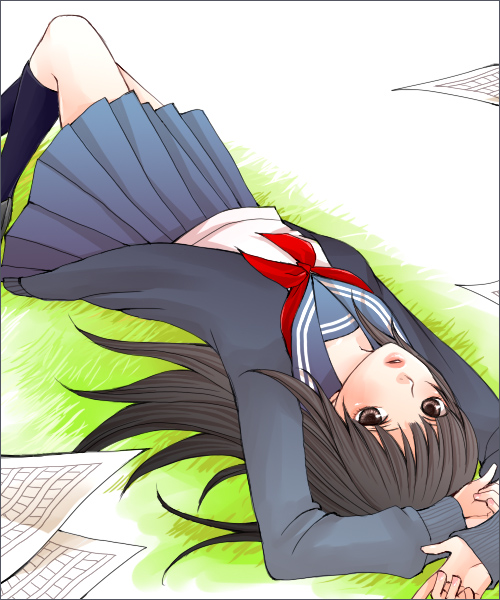 black_hair, bungaku_shoujo_(danshi_koukousei), cardigan, danshi_koukousei_no_nichijou, long_hair, paper, rikko_(jellyberry), school_uniform
