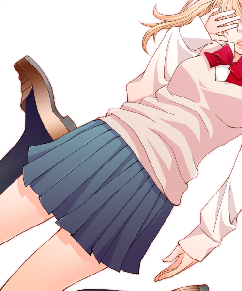 blonde_hair, bowtie, danshi_koukousei_no_nichijou, loafers, rikko_(jellyberry), school_uniform, shoes, skirt