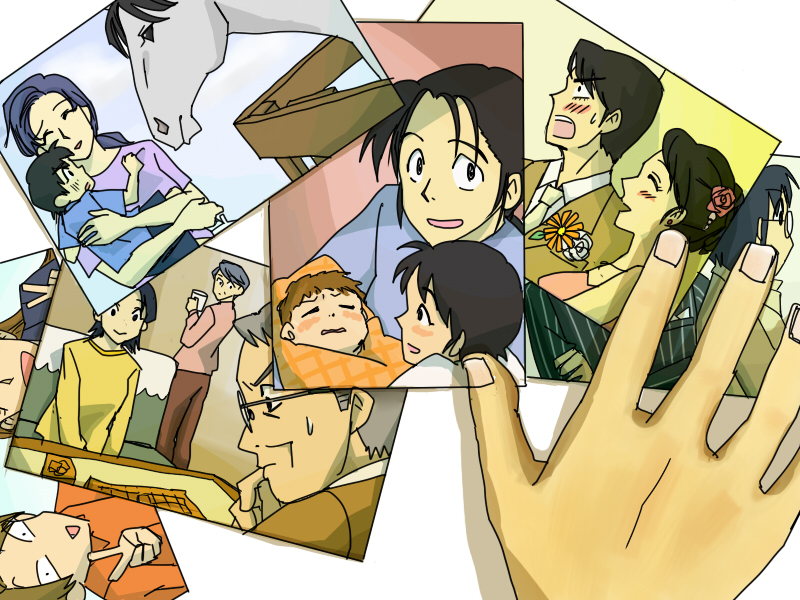 age_difference, black_hair, blue_hair, blush, brown_hair, closed_eyes, daigo_satoru, eyes_closed