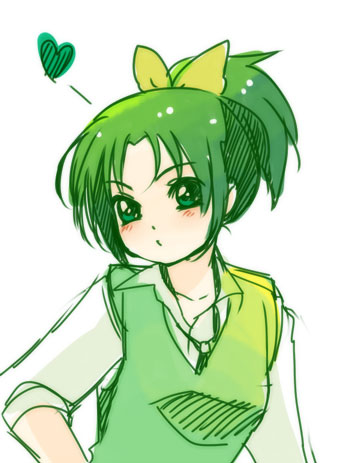 green_eyes, green_hair, heart, kamabo_ko, lowres, midorikawa_nao, ponytail, pout