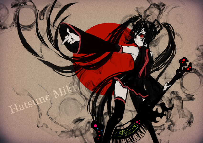 black_hair, czc_(deko), dark, guitar, hatsune_miku, instrument, piano, red_eyes