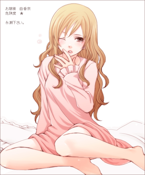 blanket, blonde_hair, brown_eyes, danshi_koukousei_no_nichijou, long_hair, nightgown, pillow, rikko_(jellyberry)