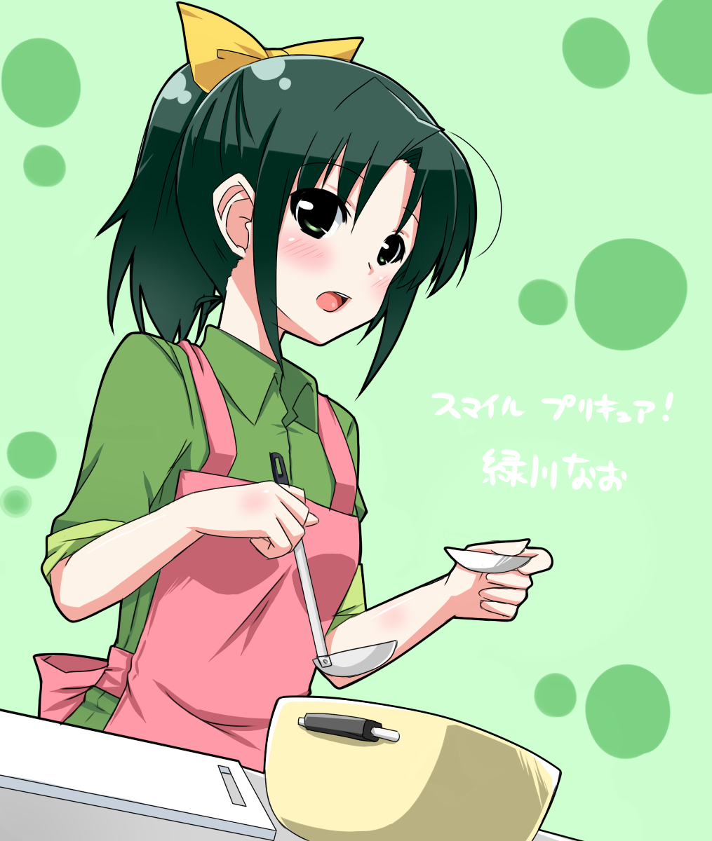apron, bow, casual, cooking, cutting_board, green_background, green_eyes, green_hair