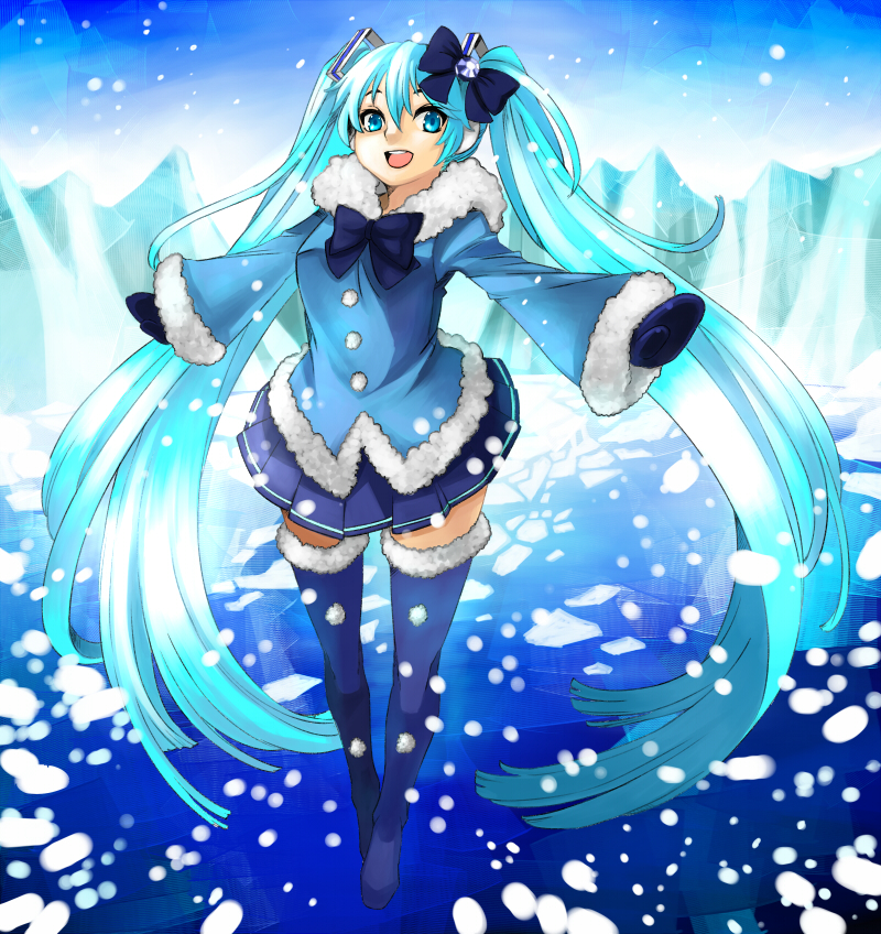 aqua_eyes, aqua_hair, bow, earmuffs, eiji_(eiji), hatsune_miku, long_hair, mittens