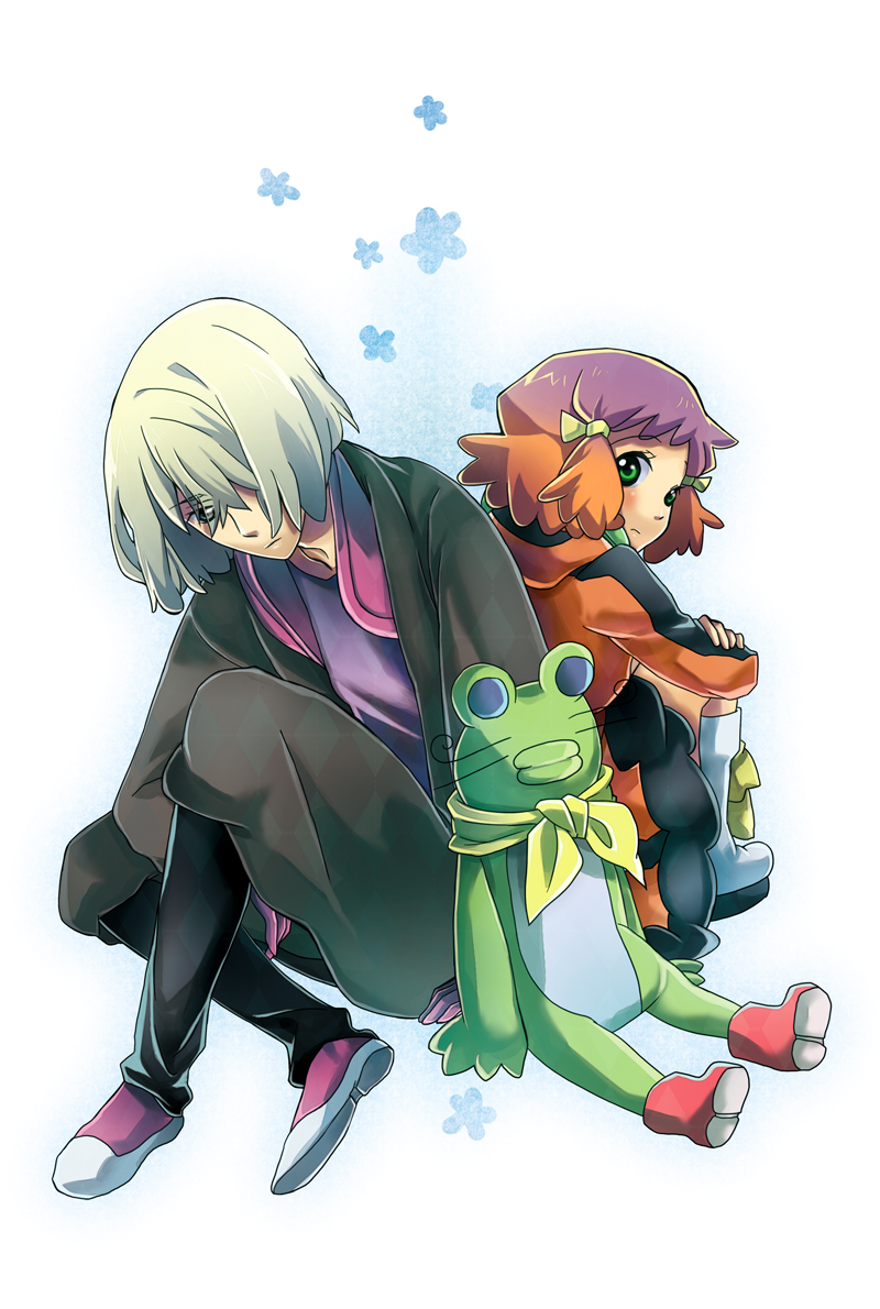 1girl, aquarion_(series), aquarion_evol, back-to-back, blonde_hair, coat, doll, dress