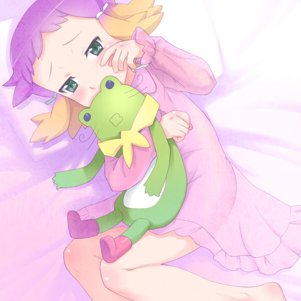 aquarion_(series), aquarion_evol, barefoot, bed, bed_sheet, gradient_hair, green_eyes, lying