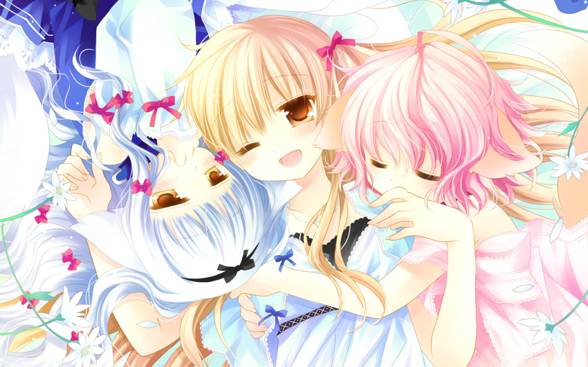 1920x1200, ;d, absurdres, animal_ears, biting, dog_ears, hair_ribbon, highres