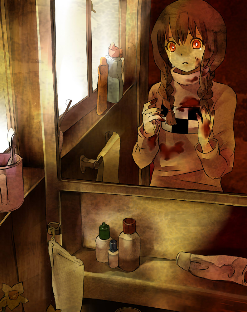 braid, madotsuki, mirror, pochiron, red_eyes, solo, tears, toothbrush