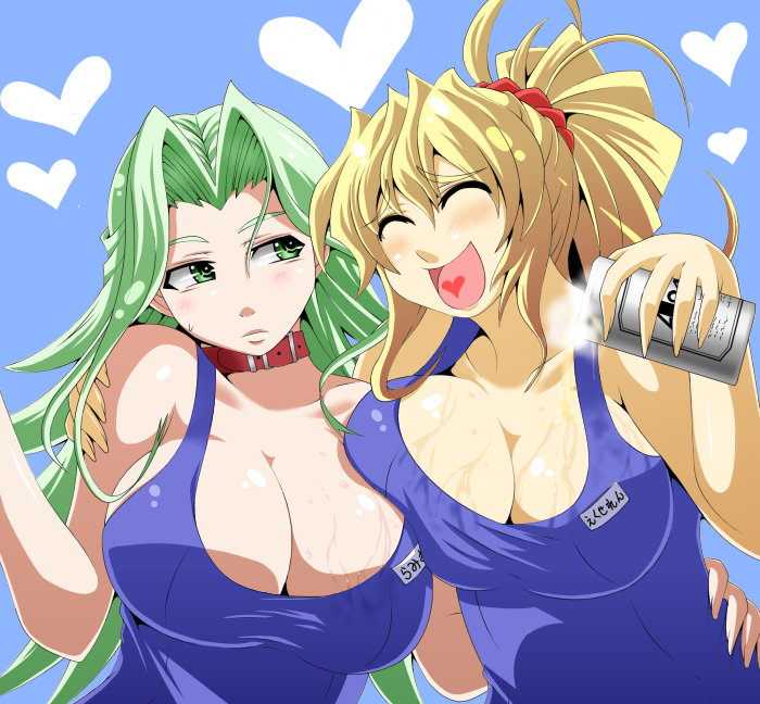 beer, blonde_hair, blush, breast_press, breasts, closed_eyes, collar, drunk