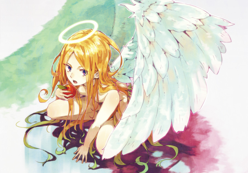 angel, angel_wings, apple, blonde_hair, censor_hair, food, fruit, halo