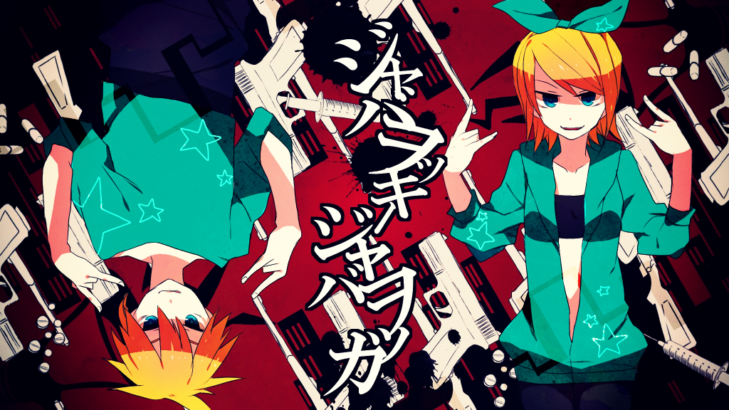 1girl, \m/, a229, bad_id, bangs, blonde_hair, blue_eyes, bow, drugs, gun, hair_between_eyes, hair_bow, hair_ribbon, jabberwocky_jabberwocka_(vocaloid), kagamine_len, kagamine_rin, pill, pistol, ribbon, rifle, short_hair, siblings, smile, swept_bangs, syringe, twins, vocaloid, weapon