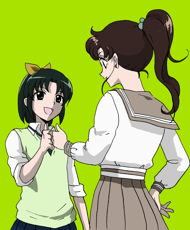 bishoujo_senshi_sailor_moon, brown_hair, color_connection, crossover, fist_bump, green_background, green_eyes, green_hair