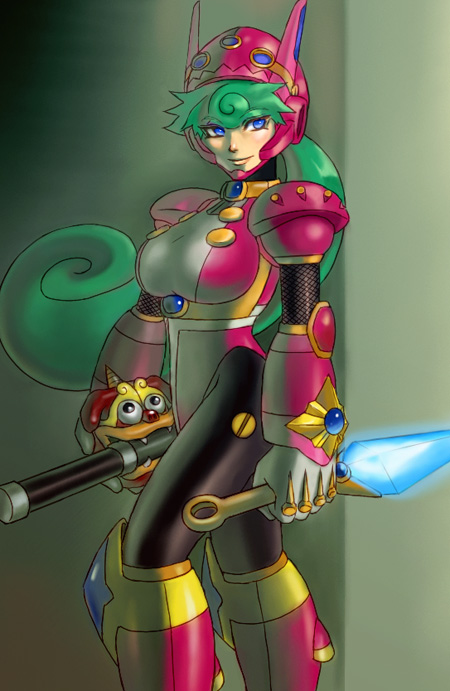 armor, blue_eyes, breasts, energy_sword, fishnets, gem, green_hair, knife