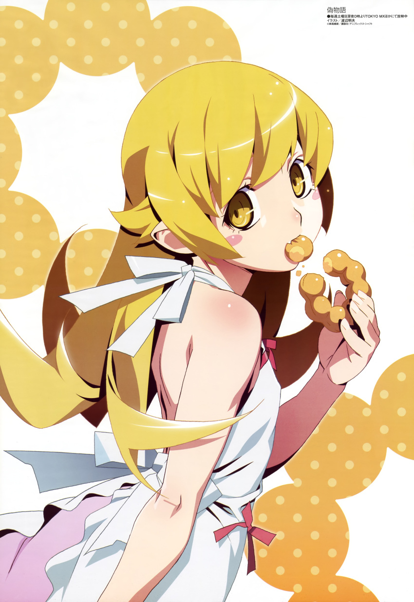 absurdres, apron, back, bakemonogatari, bare_shoulders, blonde_hair, blush_stickers, doughnut, eating, highres, kokutou, long_hair, megami, monogatari_(series), mouth_hold, official_art, oshino_shinobu, pastry, solo, watanabe_akio, yellow_eyes