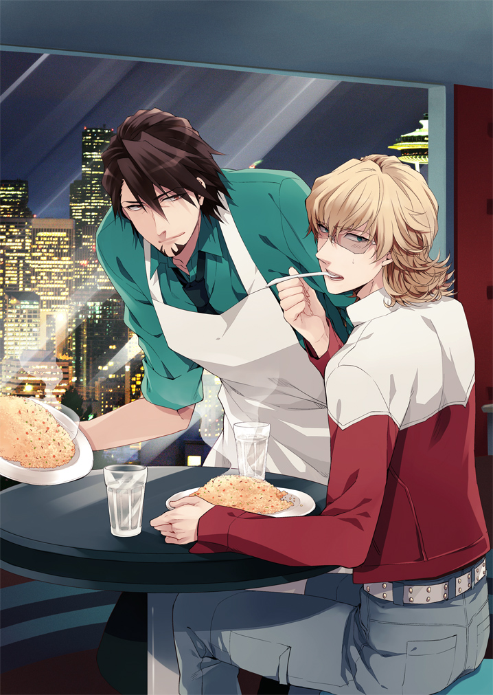 apron, barnaby_brooks_jr, belt, blonde_hair, brown_eyes, brown_hair, eating, fried_rice, glasses, green_eyes, jacket, kaburagi_t_kotetsu, ko-man, multiple_boys, red_jacket, spoon, studded_belt, sweatdrop, tiger_&amp;_bunny, window