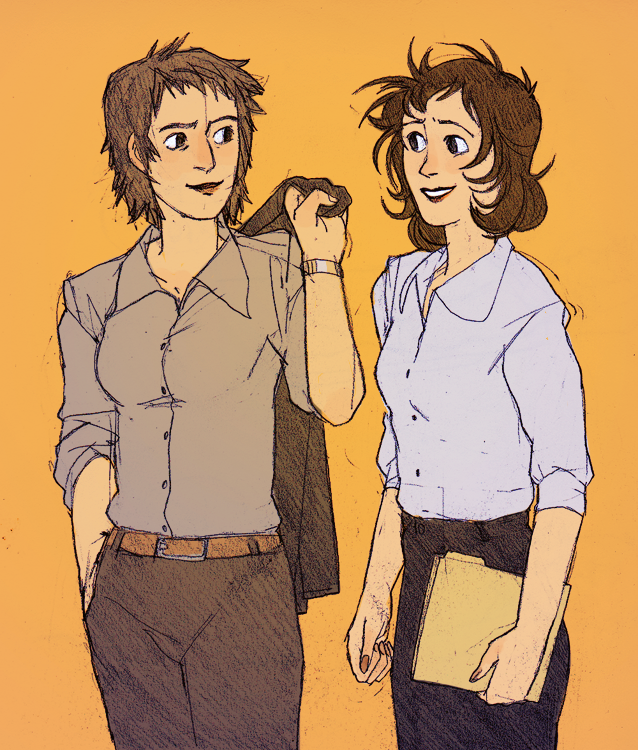2girls, belt, breasts, brown_eyes, brown_hair, doujima_ryoutarou, files, formal, genderswap, hand_in_pocket, hedgehogbeeblebrox, messy_hair, multiple_girls, nail_polish, persona, persona_4, smile, standing, suit, tohru_adachi, watch