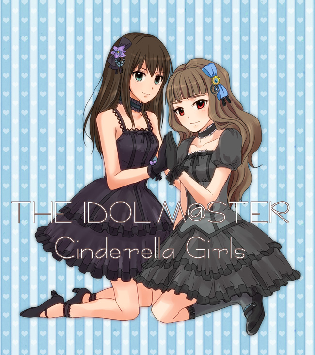 2girls, brown_hair, collar, dress, eyebrows, flower, gloves, hair_bow, hair_flower, hair_ornament, idolmaster, idolmaster_cinderella_girls, kamiya_nao, long_hair, red_eyes, shibuya_rin, smile, thick_eyebrows, wavy_hair, yhforestmk