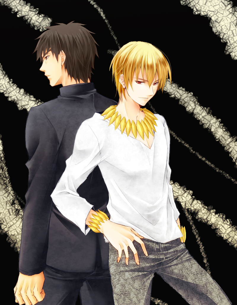 1boy, 1girl, back-to-back, blonde_hair, bracelet, brown_eyes, brown_hair, casual