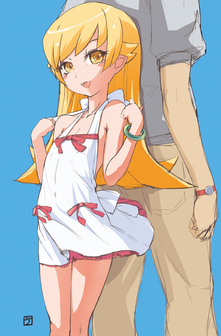 1girl, age_difference, araragi_koyomi, back-to-back, bracelet, dress, jewelry, long_hair, monogatari_(series), nisemonogatari, oshino_shinobu, size_difference, uni_tenten, yellow_eyes