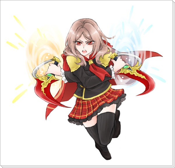 brown_hair, cape, dagger, final_fantasy, final_fantasy_type-0, plaid, plaid_skirt, red_eyes, rem_tokimiya, shinzui_(fantasysky7), skirt, solo, thigh-highs, thighhighs, uniform, weapon, zettai_ryouiki