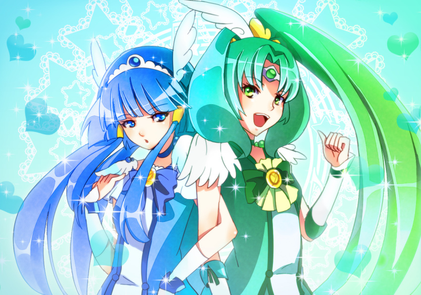aoki_reika, aqua_background, blue_eyes, blue_hair, bowtie, choker, cure_beauty, cure_march