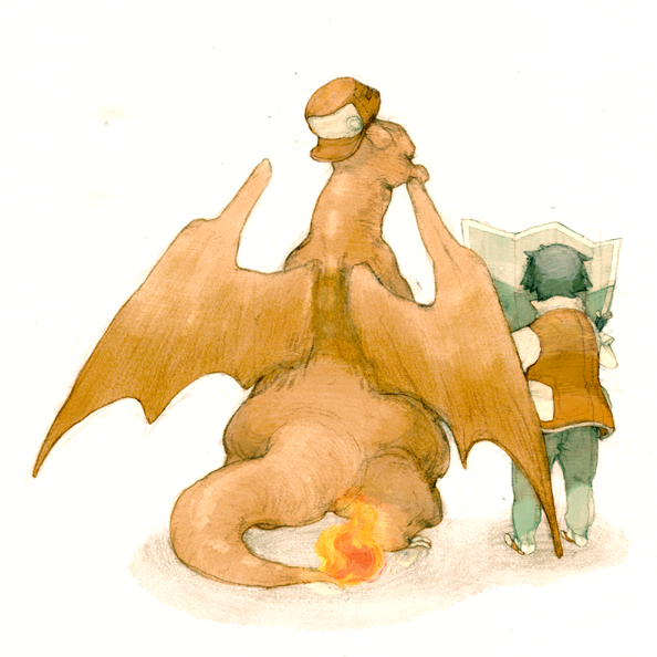 1boy, baseball_cap, black_hair, charizard, cosplay, hat, hat_removed, headwear_removed, luce-in-the-sky, map, pokemon, pokemon_(creature), pokemon_(game), pokemon_rgby, red_(pokemon), red_(pokemon)_(classic), red_(pokemon)_(cosplay), short_hair, simple_background