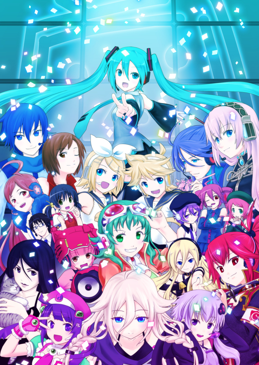 6+girls, absurdres, ahoge, aqua_eyes, aqua_hair, beret, black_hair, blonde_hair
