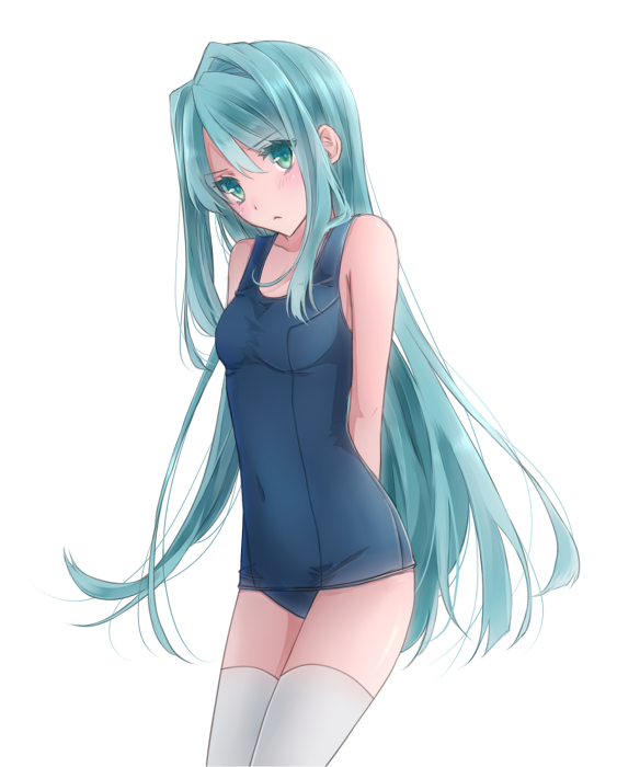 green_hair, long_hair, original, school_swimsuit, swimsuit, thigh-highs, thighhighs, yuina_(artist)