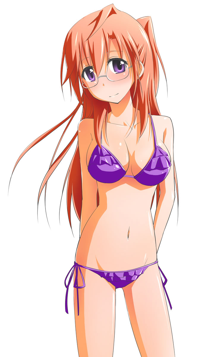 ano_natsu_de_matteru, bikini, frilled_bikini, frills, glasses, highres, long_hair, pikota_(picot), purple_eyes, side_ponytail, swimsuit, takatsuki_ichika, violet_eyes