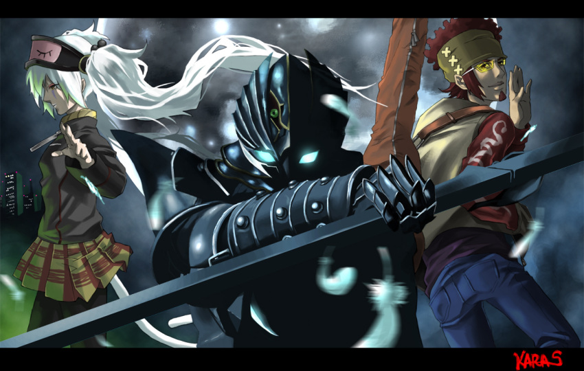 2boys, animal_ears, armor, bandana, bandanna, cat_ears, cat_tail, facial_hair