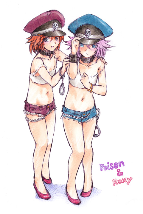 2boys, capcom, chain, chains, collar, crossdressinging, cuffs, denim, denim_shorts, final_fight, final_fight_i, flat_chest, full_body, genderswap, green_eyes, handcuffs, high_heels, multiple_boys, navel, orange_hair, pink_hair, poison_(final_fight), roxy, sena_youtarou, shoes, short_hair, short_shorts, shorts, shota, tank_top, trap, white_background, young